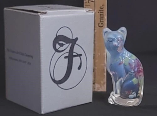 Fenton Handpainted Glass Cat Figurine With Floral Design Blue & Clear Glass