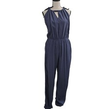 Abercrombie  Fitch Sz MFloral Jumpsuit Navy Blue Keyhole Neck Resortwear Boho