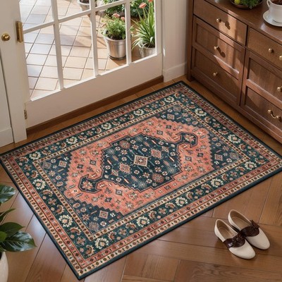 Vintage Washable 2x3 Small Area Rug - Non-Slip Soft Low Pile Indoor Mat for Entr