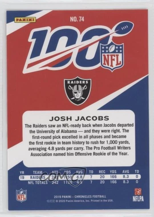 2019 Panini Chronicles NFL 100 Josh Jacobs #74 Rookie RC - Image 2 of 2