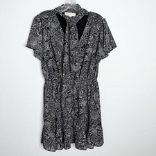 Michael Kors Dress Women Large Paisley Bow Neck Mini Short Sleeve Black White Q