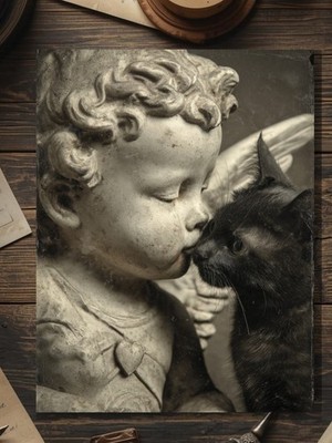 Cupid Statue Kissing Black Cat Gothic Valentine Greeting Card Romantic Victorian