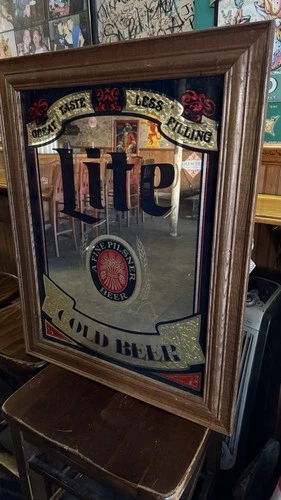 Miller Lite Cold Beer Wood Frame Mirror Bar Pub Sign Glass 22” x 29” Vintage