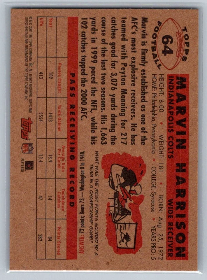 💎2001 Topps Heritage Football #64 Marvin Harrison - Indianapolis Colts💎 - Image 2 of 2