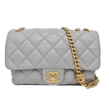 Auth Chanel Classic Flap Small Grey Leather Gold Chain Crossbody Bag