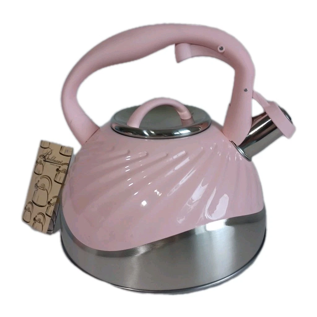 Balduzzi Pink Tea Kettle Enameled Stainless Steel Easy Open Spout, Italian Style