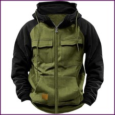 Winter Hoodies Men Zipper Patchwork Warm Fleece Sweatshirts Multi Pockets