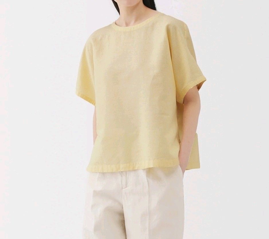 Small MUJI Womens Organic Cotton Hemp Short Sleeve Blouse Yellow Stripe