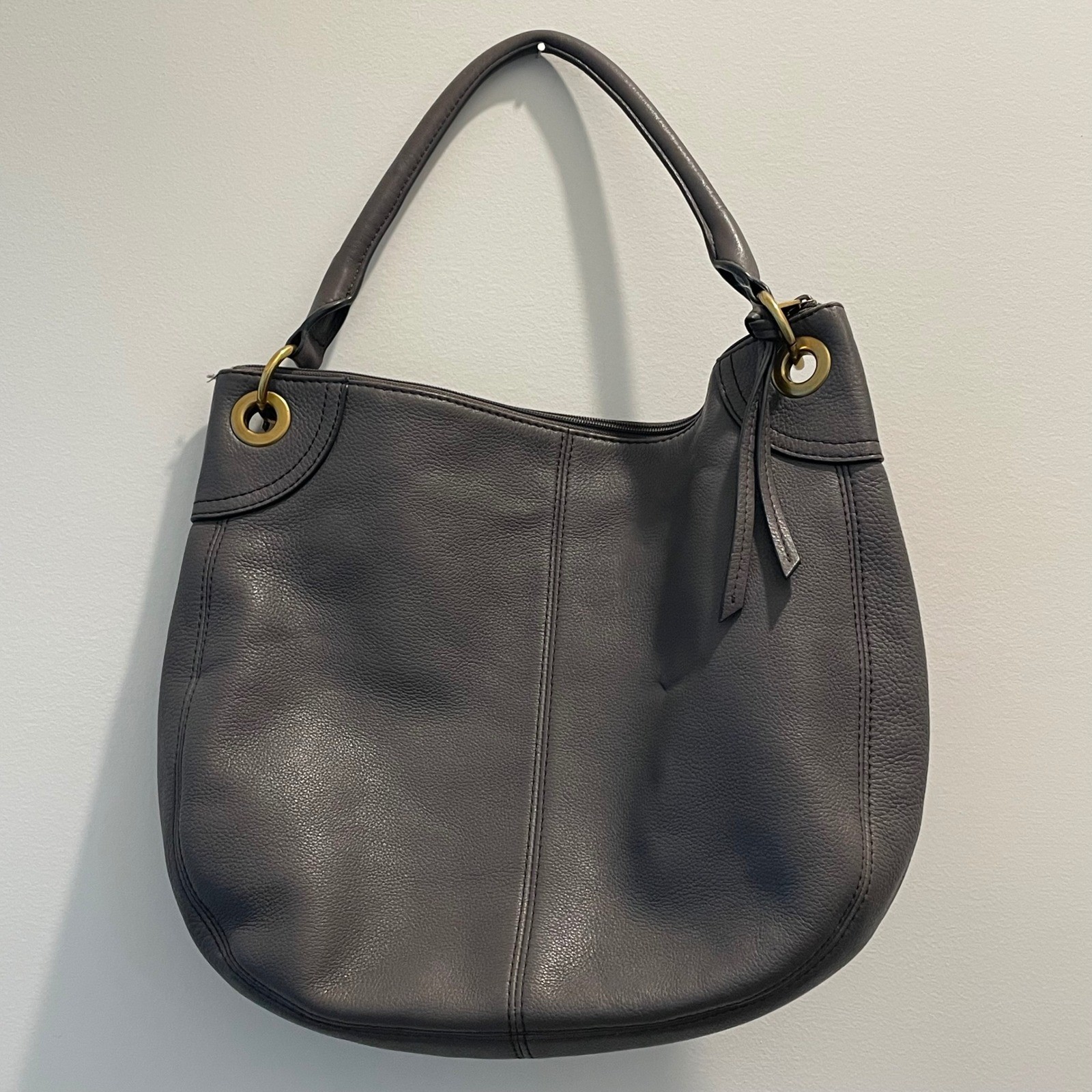 Fossil Gray Leather Geometric Patchwork Hobo Bag … - image 4