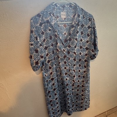 NIC+ZOE Womens S Geometric V-Neck Short Sleeve Shirt Dress Blue Brown White