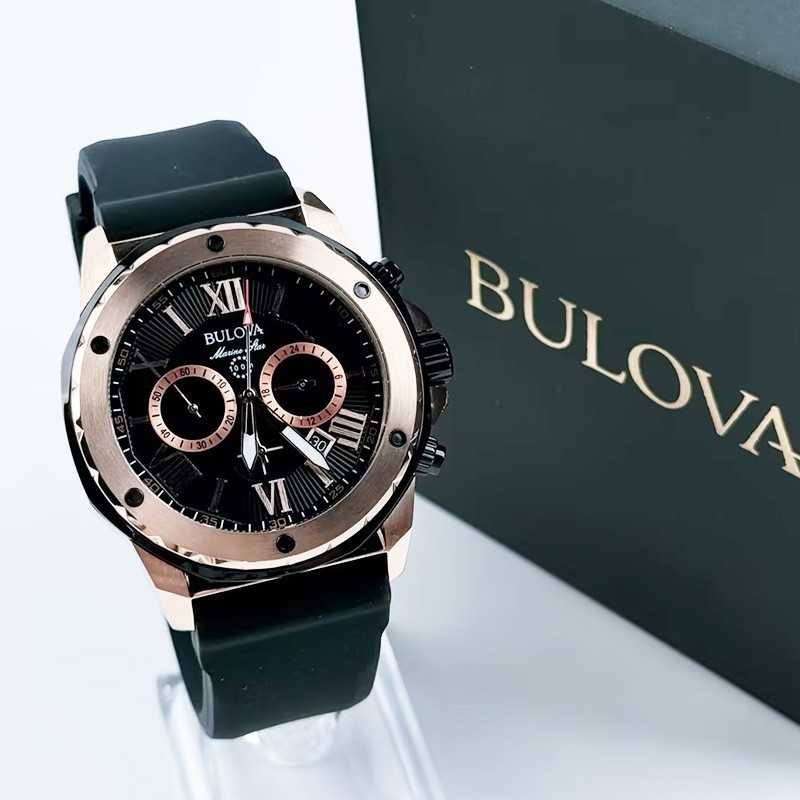 Bulova Marine Star Black Dial Black Rubber Strap Men's Quartz Watch 44mm 98B104