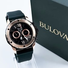 Bulova Marine Star Black Dial Black Rubber Strap Men's Quartz Watch 44mm 98B104