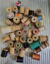 Vintage Lot 44 Old Wooden Sewing Thread Spools, Some Empty, Some with thread 2 