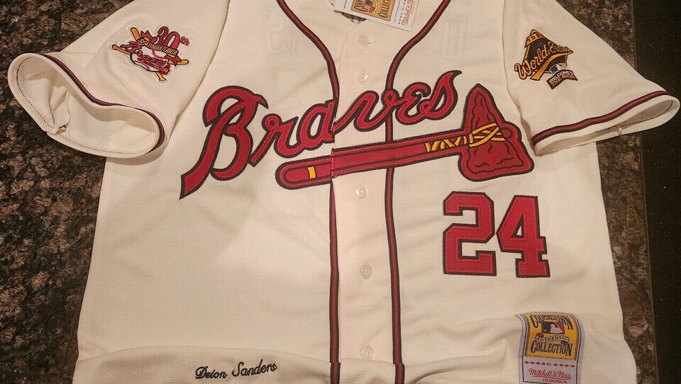 ATLANTA BRAVES 24 DEION SANDERS Throwback DUEL PATCH SEWN JERSEY IVORY