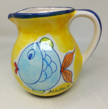 Retro Cerobidos Yellow Blue Hand Fish Design Painted Portugal Pitcher Jug / Vase