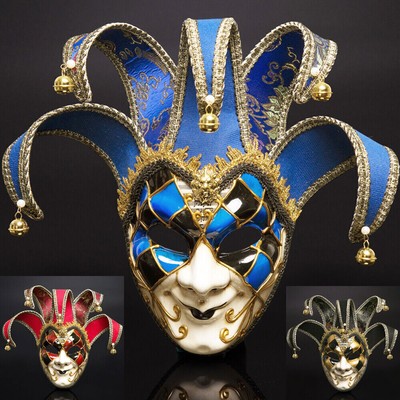 Full Face Men Venetian Theater Jester Joker Masquerade Mask Bells Mardi Gras Hot