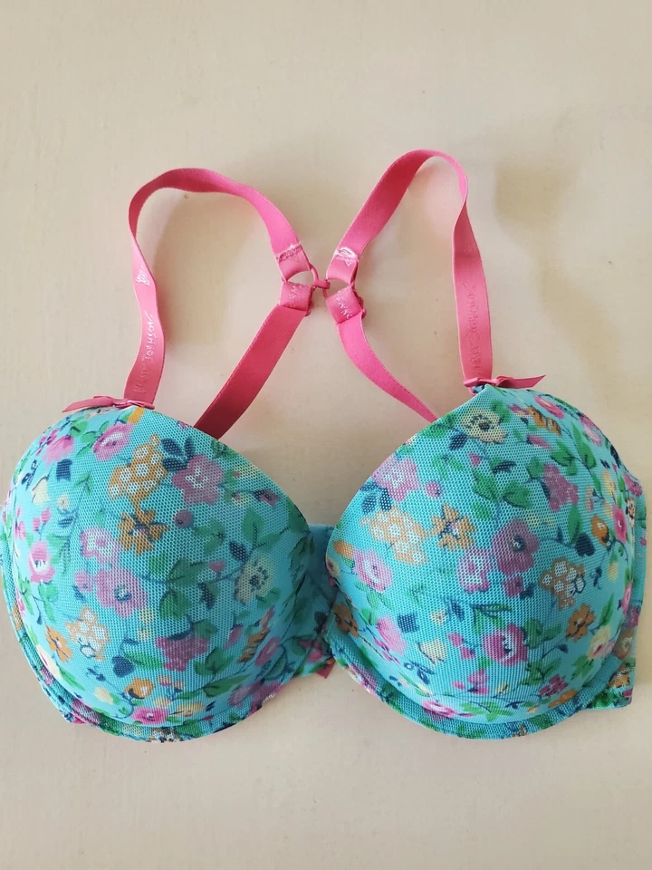 Betsey Johnson Mesh Bump M' Up 723236 Bra Underwire Padded 32DD Aqua Floral Pink - Image 4 of 4