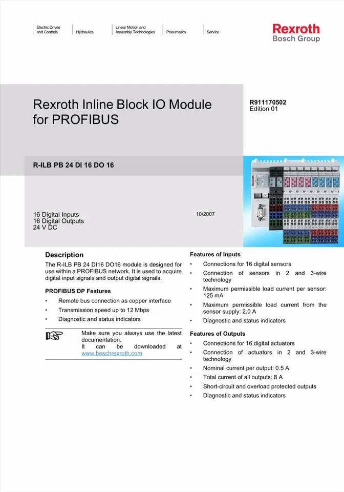 Rexroth R-ILB PB 24 DI16 DO16 R911307402 Inline Block IO ModuleFor Profibus - Image 2 of 2