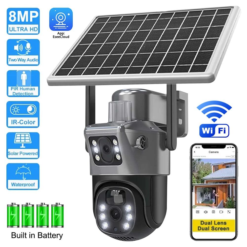 8MP 4K Solar Outdoor WiFi PTZ Camera with Night Vision and Dual Screen