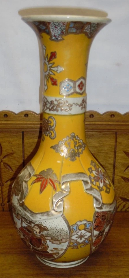 Jarrón de cerámica Satsuma japonés amarillo antiguo - 16" Foto 3 de 4