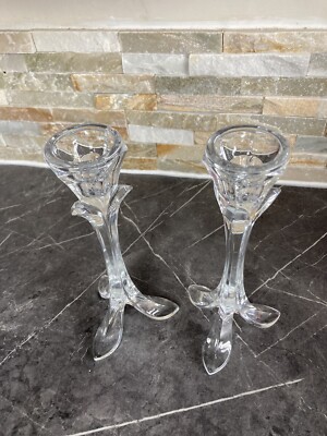 Vintage 2er Set Blumenstiel Blatt Fuß Sockel Glas Kristall Kerzenhalter 8,5''