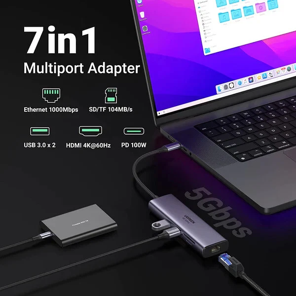 Ugreen 7 in 1 USB C HUB Adapter to USB 3.0 HDMI 4K 60Hz PD for Laptop Mac Dell - Image 2 of 4
