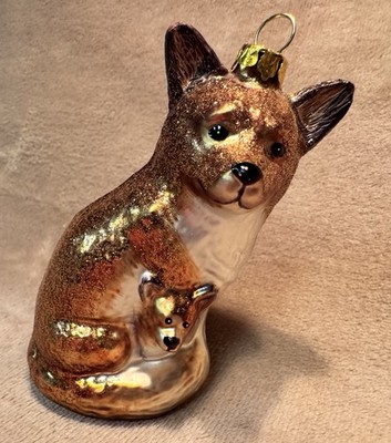 Mama Fox And Baby Blown Glass Canine Dog Coyote Wildlife Christmas Ornament