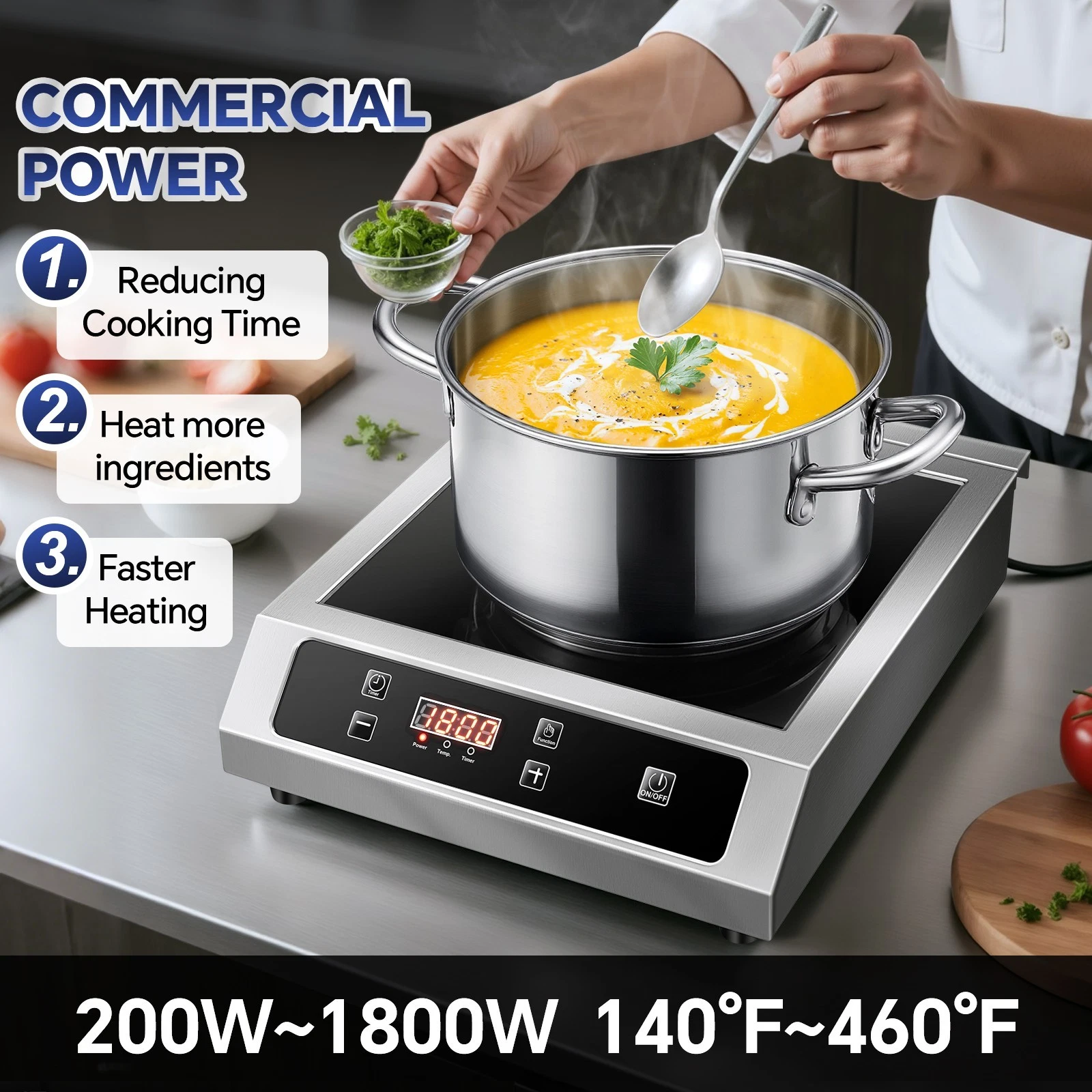Portable Commercial Induction Cooktop 1800W Countertop Burner Stainless Steel