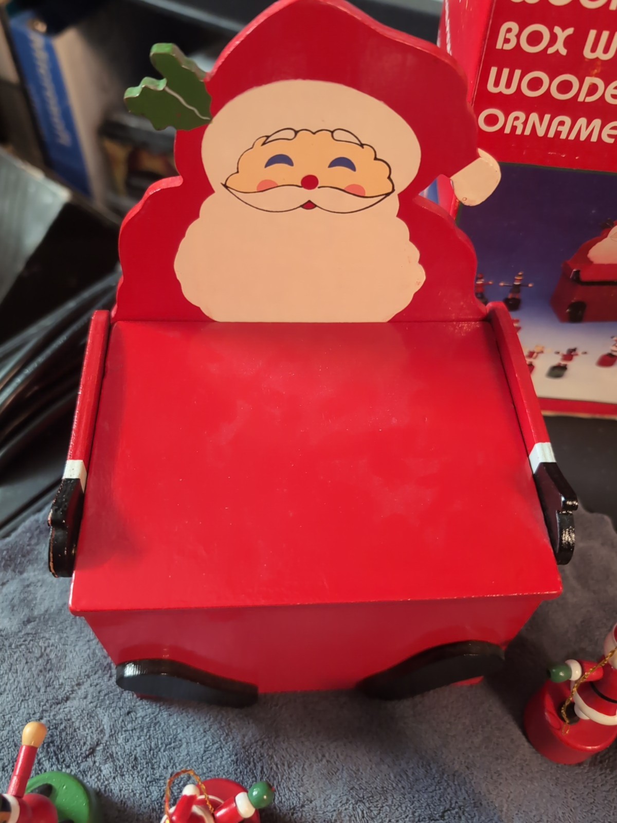 Vtg Wooden Santa Box W/ 12 Push Toy Christmas Ornaments Retro. Tested Working 