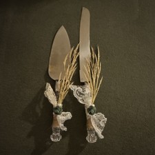 Rustic Cake Knife Server Set with Glass, Jute, Lace Handles and Floral Accents