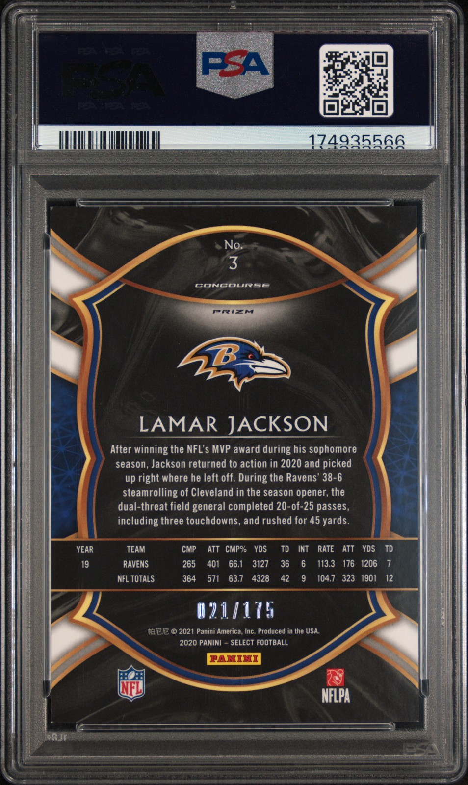 2020 PANINI SELECT BLUE PRIZM #3 LAMAR JACKSON 021/175 PSA 9 view 2