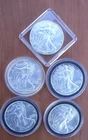LOT OF 5 BU, AMERICAN SILVER EAGLES .999 FINE, 1 OZ EACH, TOTAL 5 OZ, DIFF YRS