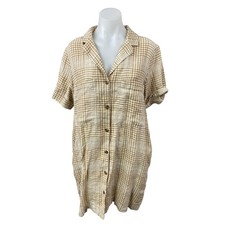 Everlane 100% Linen Beige Plaid Short Sleeve Collar Mini Button Up Shirt Dress M