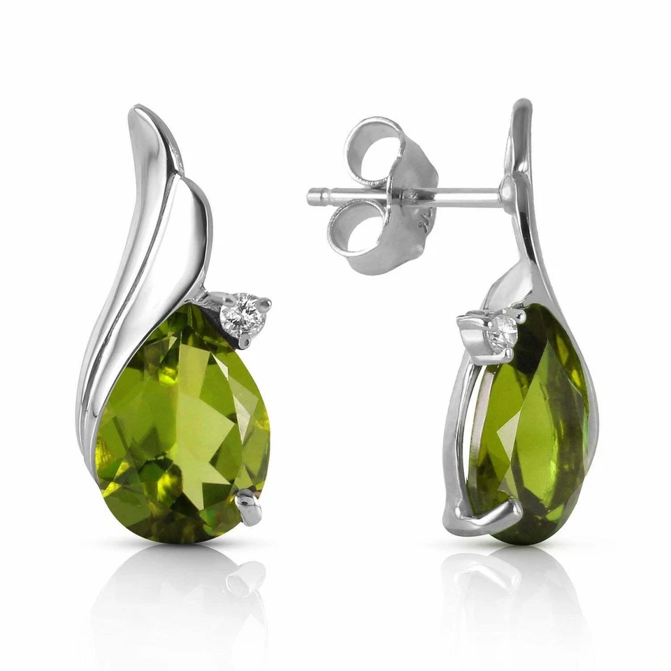 Natural Green Peridot Diamond Gemstone Stud Earrings Solid 14K White Gold - Image 2 of 2