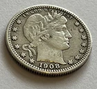 1908 Barber Quarter 25C Philadelphia Silver Classic U.S. Coin