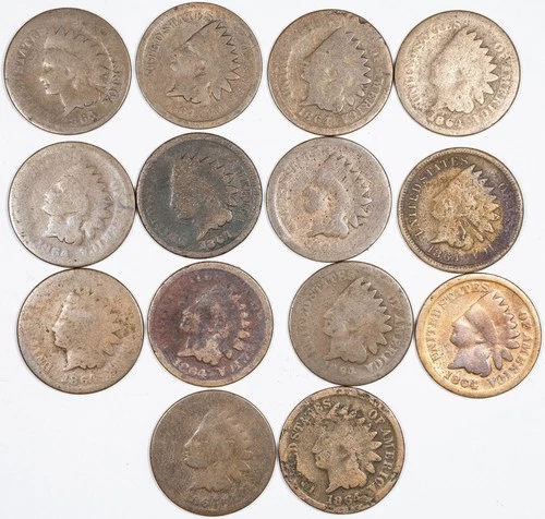 1864 Bronze Indian Head Penny Cent Lot of 15 Coins in About Good (AG)