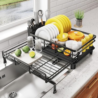 Extendable Dish Drying Rack Over Sink Utensil Holder Black Stainless Steel