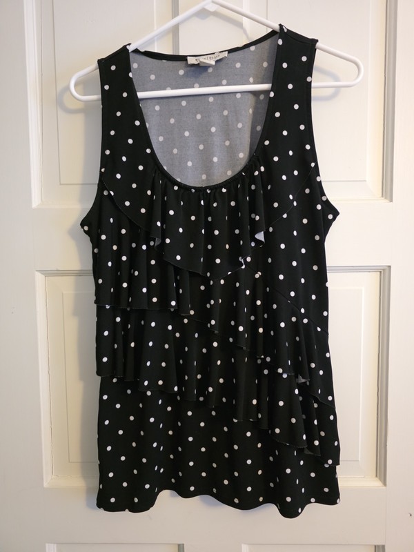 WHBM Women's Black w/ White Polkadots Ruffle Blouse Large