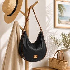 Valentina Hobo Bag Genuine Pebbled Leather Black Brown Trim Original Tags