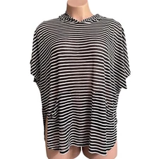 Cejon Stripe Cover Up Top Womens Sz OSFM Black White Textured Hooded Semi-Sheer