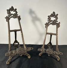 Vntg Brass Easels Stand Lot 2 Art Plate Ornate Florentine Victorian 17” & 14”
