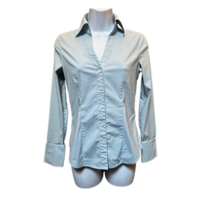 Express Women's Light Blue Button-Up V-Neck Blouse - Size XS