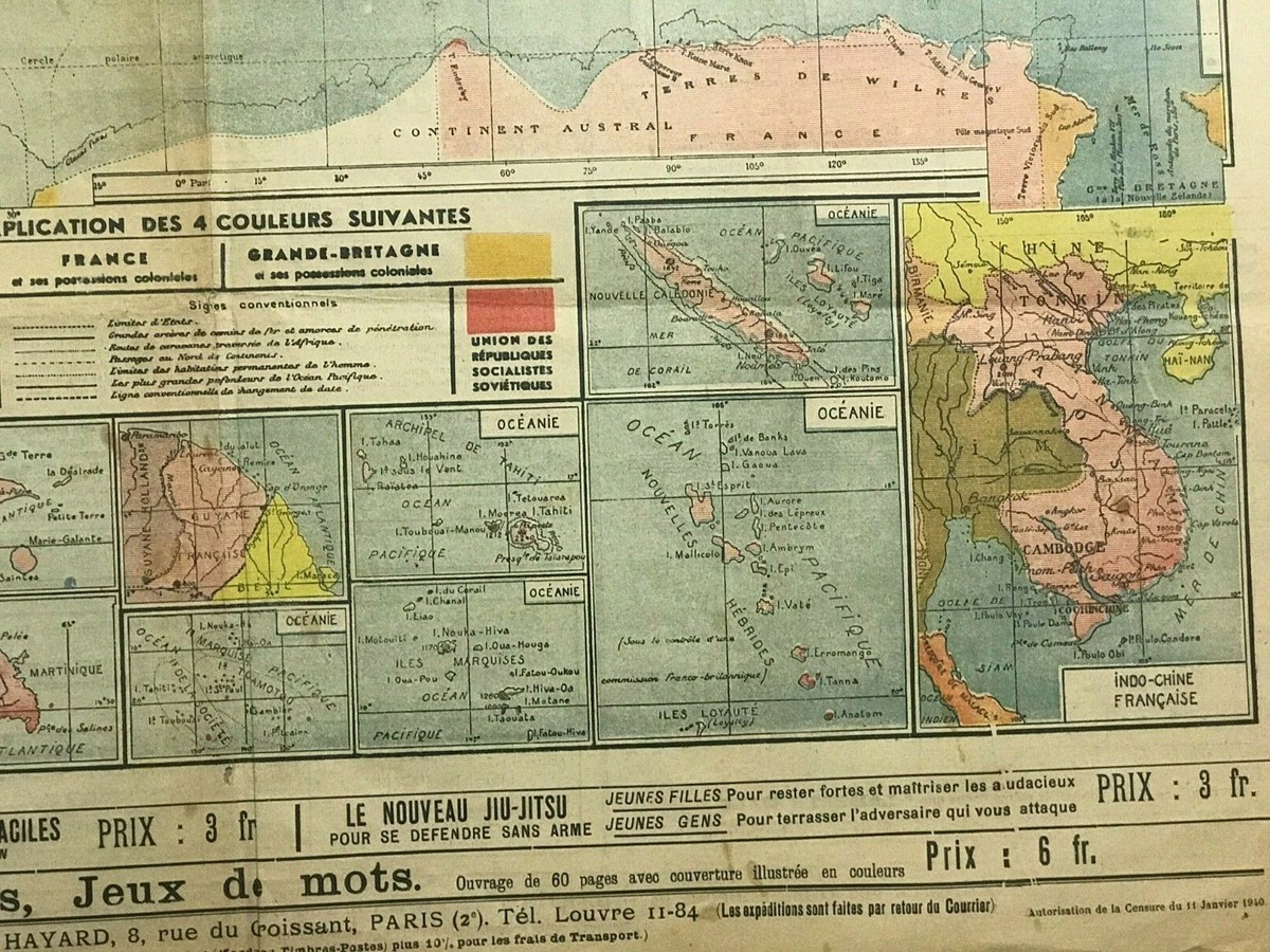 PLANISPHERE FRENCH COLONIES 1940 LARGE ANTIQUE MAP XXe