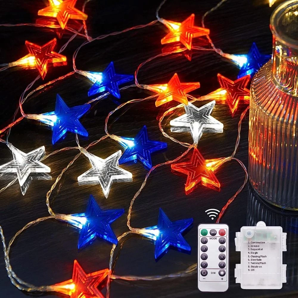 Red White Blue String Lights with Remote 4th of July Lights Garden