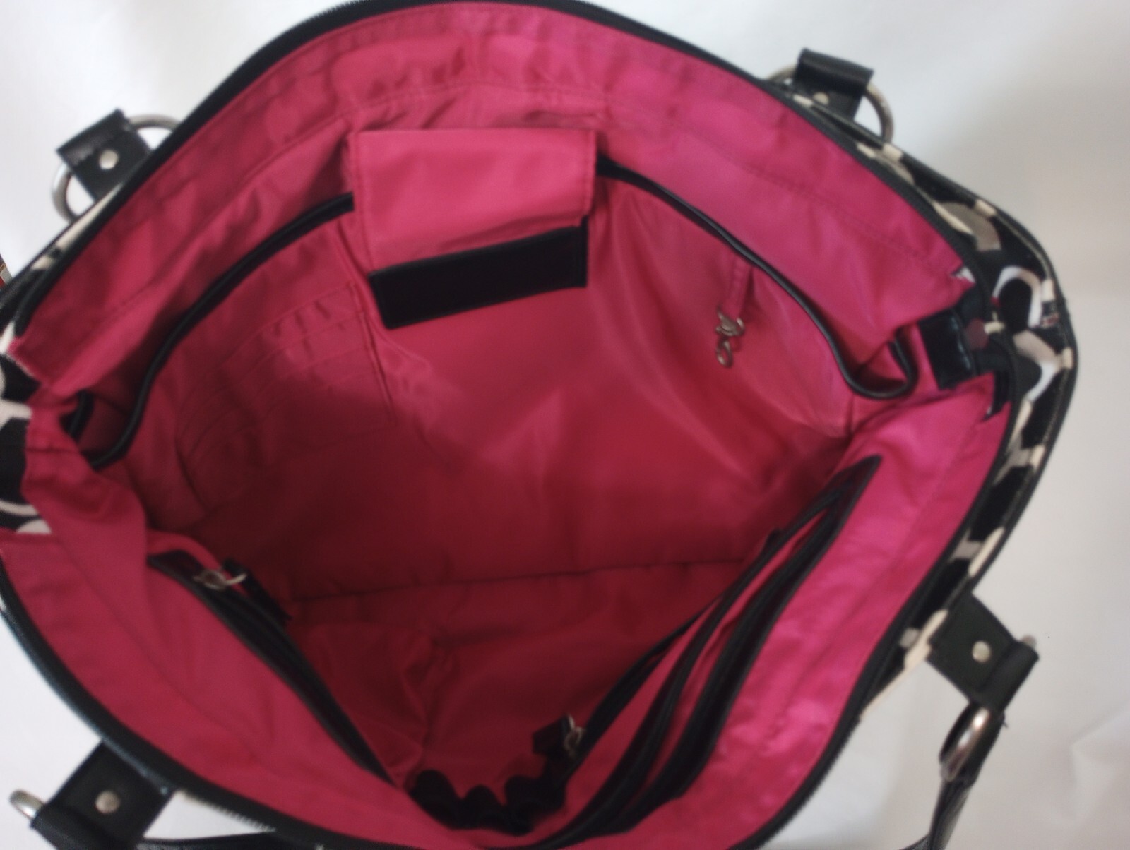 Kailo Chic Black And White With Hot Pink Lining Fabric Laptop Tote Bag