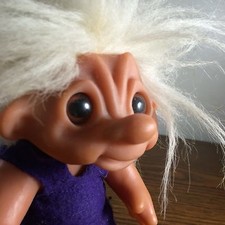 Vtg Thomas Dam 1977 Troll Doll Denmark Purple Dress Crazy White Hair