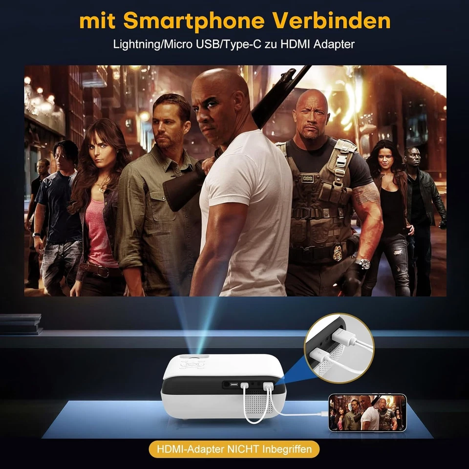 9500 Lumen Mini Beamer, 4K HDR Heimkino, 200 Zoll, Bluetooth, Full HD Projektor - Bild 3 von 4