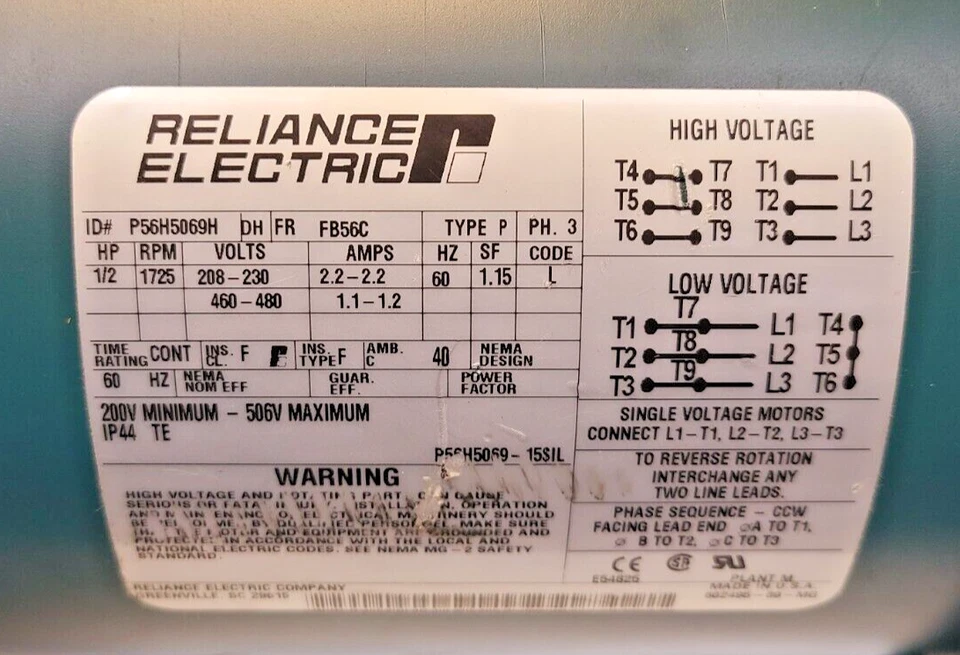 Reliance Electric Electric Motor P56H5069H | 1/2 HP  1725 RPM 208-230V / 460-480 - Image 2 of 4