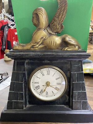 19th Century Style Egyptian Revival Clock with Brass Winged Sphinx Marble Base
