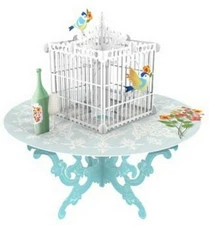 Two Birds Holding Yellow Flowers  White Cage on Table 3D Pop Up Greeting Card